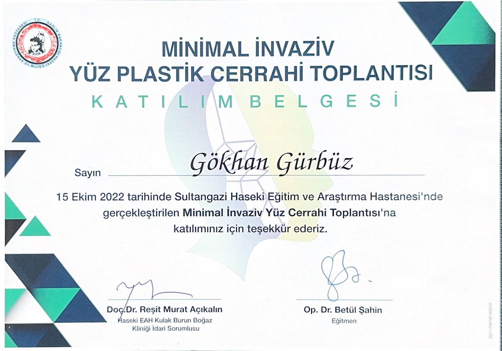 Minimal İnvaziv Yüz Plastik Cerrahi certificate